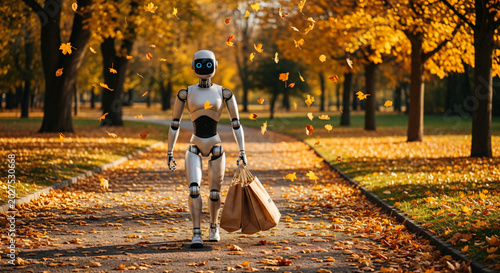Futuristic humanoid robot carrying shopping bags in autumn park with golden leaves and warm sunlight