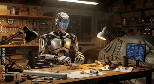 Futuristic humanoid robot working in dimly lit workshop with tools and computer