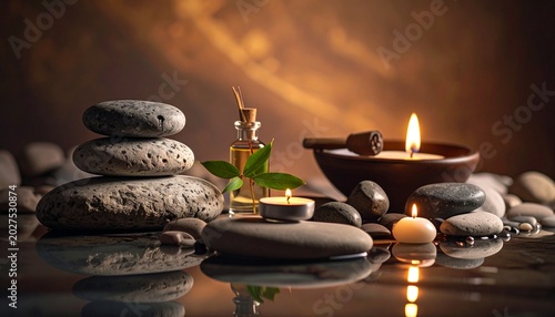 Spa stones and aromatherapy candles serene setup.