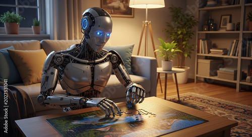 Futuristic humanoid robot analyzing global data on wooden table in cozy home office with warm lighting