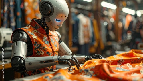Robot working on clothing production line.