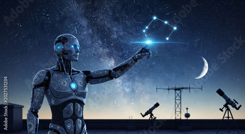 Futuristic humanoid robot reaching for glowing star in space-themed AI innovation concept