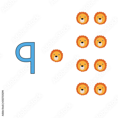 Number 9 Counting Worksheet with Cute Cartoon Lion for Preschool