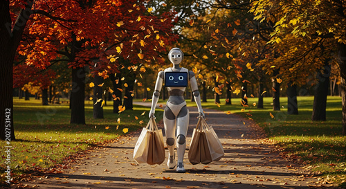Futuristic service robot carrying shopping bags in autumn park with golden foliage and soft sunlight