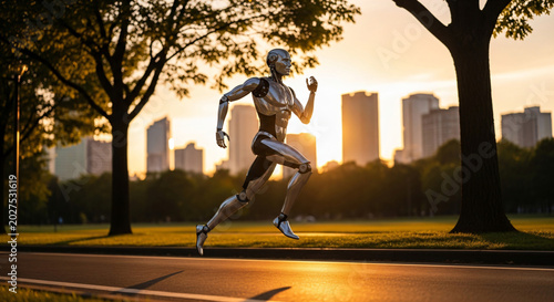 Futuristic female android sprinting at sunset in urban park with city skyline background