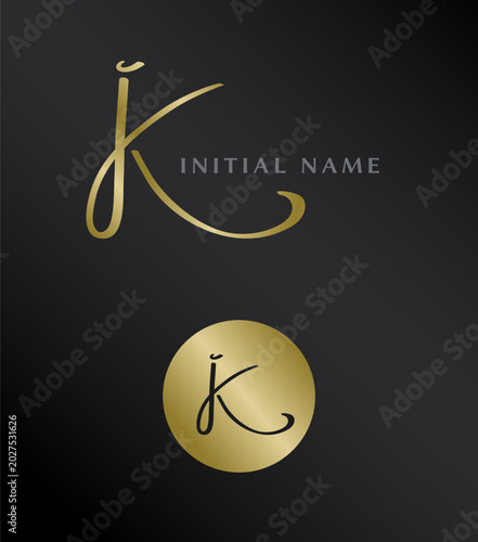 JK Signature luxury gold logo. Handwritten emblem monogram in circle