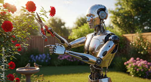 Futuristic humanoid robot holding red rose in blooming garden at golden hour