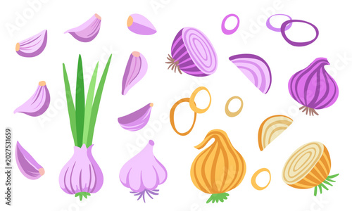 Onion bulbs and garlic cloves set