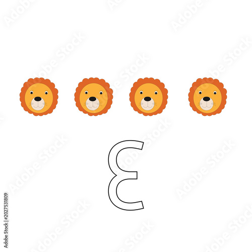 Number4Coloring Page with Cute Cartoon Lion for Preschool Math