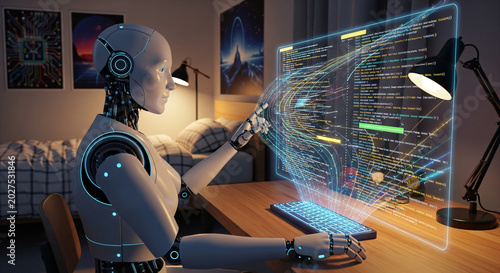 Futuristic humanoid robot analyzing financial data on holographic screen in modern office