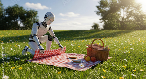 Futuristic humanoid robot enjoying outdoor picnic with wicker basket and checkered blanket in golden sunlight