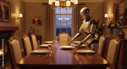 Futuristic humanoid robot serving dinner at elegant dining table in warmly lit home interior
