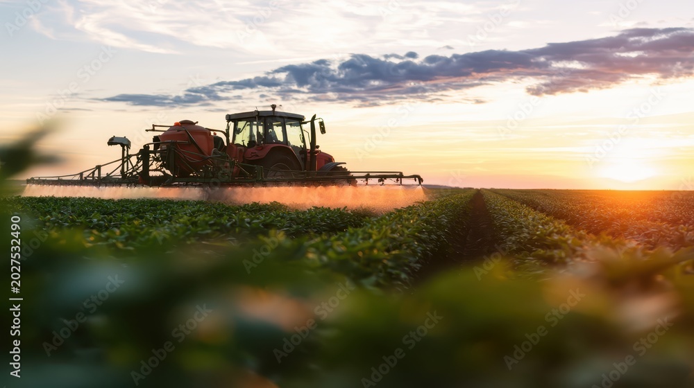 Fototapeta premium A red tractor sprays a field at sunset with a beautiful sky