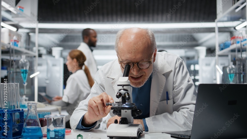 Fototapeta premium Smiling senior biologist in medical laboratory using scientific microscope for cellular analysis. Jolly elderly man examining sample in lab with high tech optical device gear, camera A