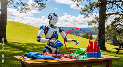 Futuristic robot analyzing colorful fabric samples in outdoor agricultural setting with mountains