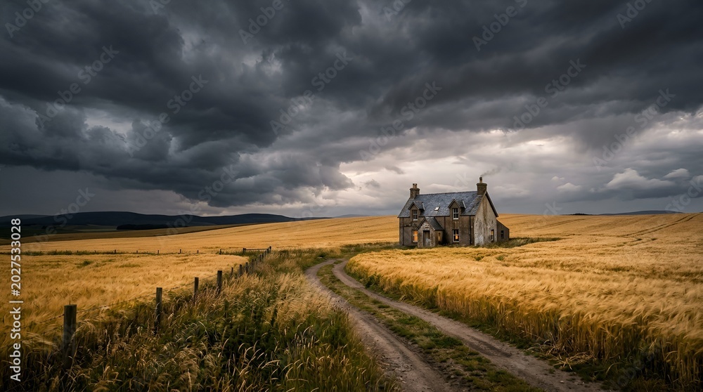 Fototapeta premium Abandoned stone house in a field under storm.