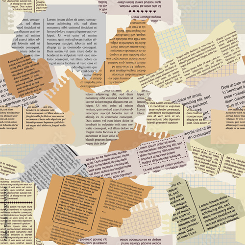 Collage pattern of torn notebook and book pages with grid paper and vintage textures. Scrap paper background for scrapbook, journaling, stationery design, and creative collage layouts