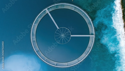 An aerial view of a circular fish farm in the ocean