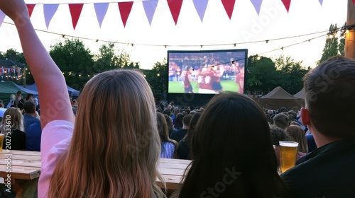 People watching a sports game on a large screen outdoors at a festive event