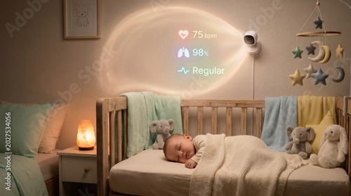 Sleeping baby monitored by smart health technology in nursery room