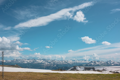 Scenic alpine view from sunlit grassy field and snowfield on hill top to big ...
