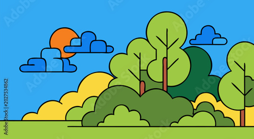 Valokuva Vibrant vector illustration of a serene natural landscape with lush green trees,