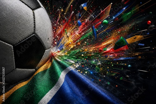 South Africa national football team wallpaper, banner, poster, background. South Africa flag and soccer ball with abstract light explosion representing energy and passion.