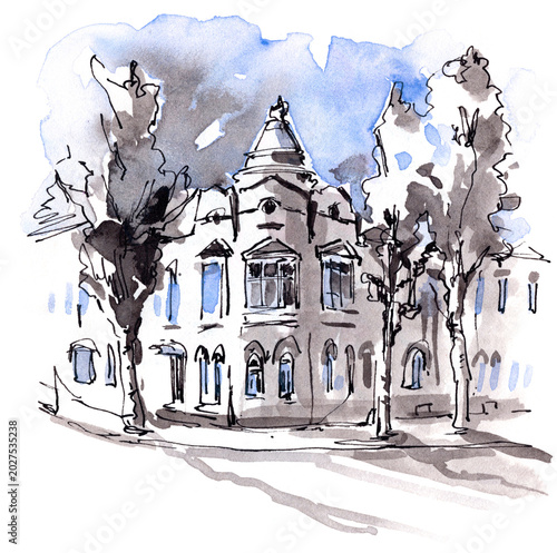 Urban ink and watercolor sketch of a historic city building with trees and blue sky. Loose hand drawn architectural illustration in expressive urban sketch style