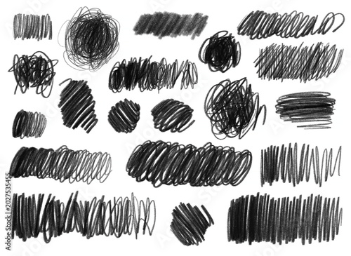 Hand-drawn black pencil marks set, rough sketch strokes and scribble textures on white background, abstract grunge elements for design, shading, backgrounds, and overlays.