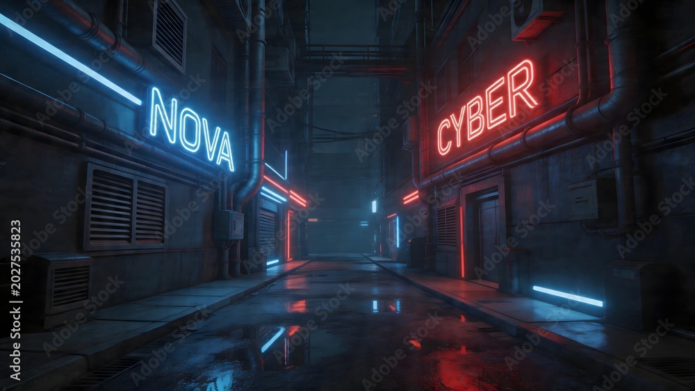 Fototapeta premium Neon lit alleyway at night