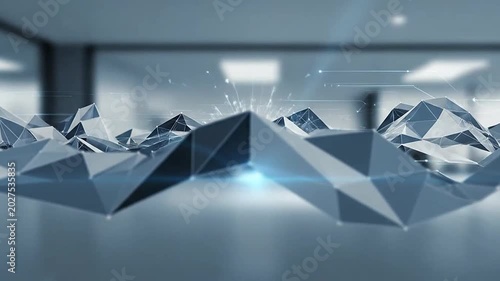 Abstract 3D geometric shapes in modern office space.