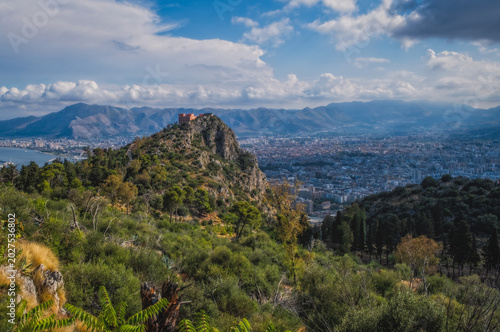 View on Palermo from Belvedere Montepellegrino, Italy skyline overlooking the port in the afternoon.