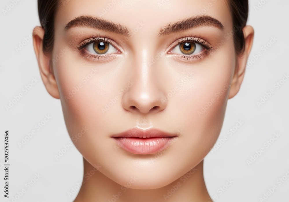 Fototapeta premium Young woman face with natural glow and clean skin perfect for dermatology and spa advertising.