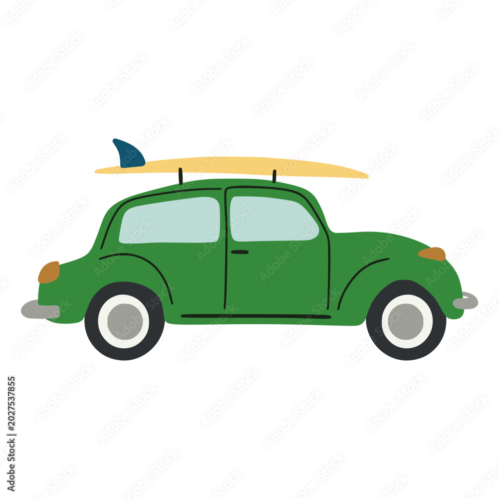 Naklejka premium Green car carrying surfboard on roof traveling