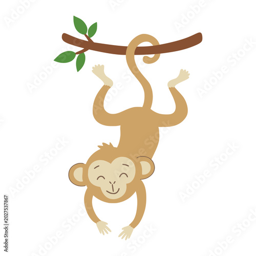 Canvas Print Cute monkey hanging upside down from tree branch