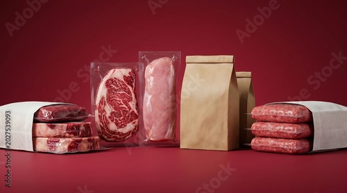 Pilihan beragam daging segar premium seperti steak, daging giling, dan dada ayam dalam kemasan vakum serta kantong kertas, cocok untuk bisnis makanan.