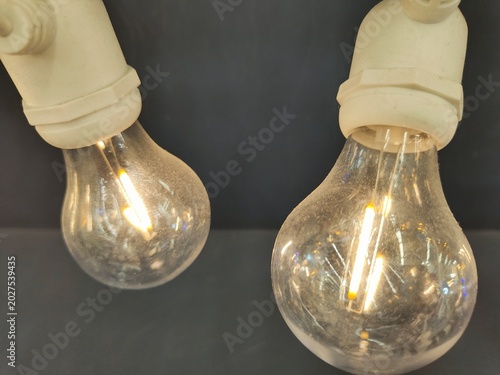 Fotografia Two light bulbs are lit up and are hanging from the ceiling