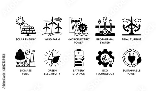 Modern renewable power plant icon set sustainable energy and eco technology vector isolated on white background