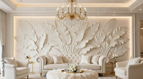An elegant, cream-toned living room highlighted by a large, sculptural 3D wall art installation depicting tropical leaves, complemented by a crystal chandelier and tufted furniture
