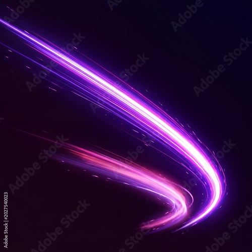 Dynamic pink and purple light trails on black background.
