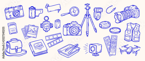 Tableau sur toile Photography Essentials: A collection of illustrated photography equipment, including cameras, film, lenses, tripod, drone, and accessories, displayed in a charming doodle style