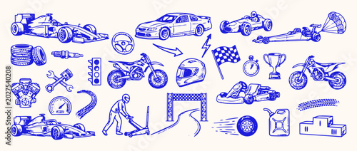 Cuadro en lienzo Racing Collection: A hand-drawn illustration featuring a variety of racing-themed elements, including formula cars, motorcycles, go-karts, flags, trophies, and pit stop tools