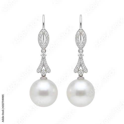 Elegant pearl and diamond drop earrings on white background.
