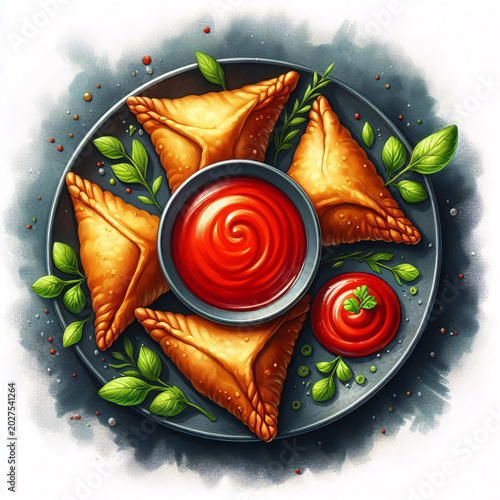 Samosas with dipping sauce on a plate surrounded by herbs. Generative AI.
