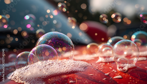 Soap bubbles flowing across red vehicle surface during outdoor wash routine