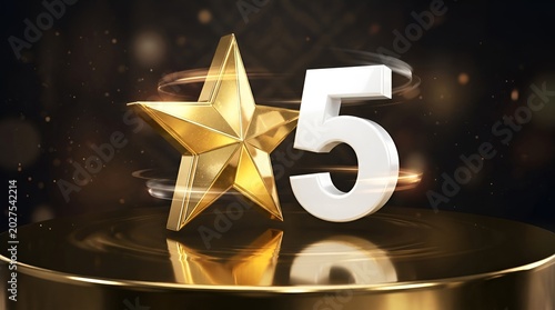 Golden star and number five on shiny reflective pedestal.