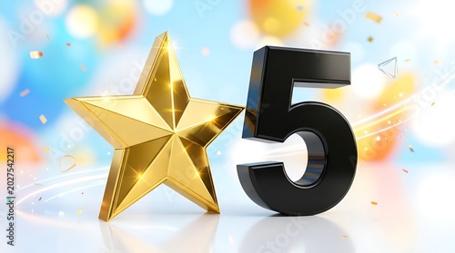 Golden star and black number five with bokeh background.