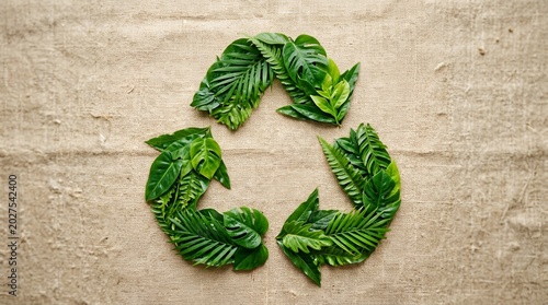 Green recycling symbol made of fresh leaves on burlap.
