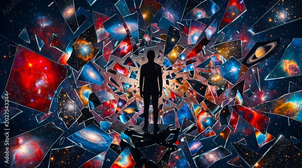 Fototapeta premium Silhouette of a person standing amidst floating shards of broken glass reflecting colorful deep space nebulae and galaxies in a surreal digital art composition.