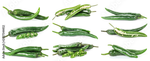 Photos Green chili peppers isolated on white, set